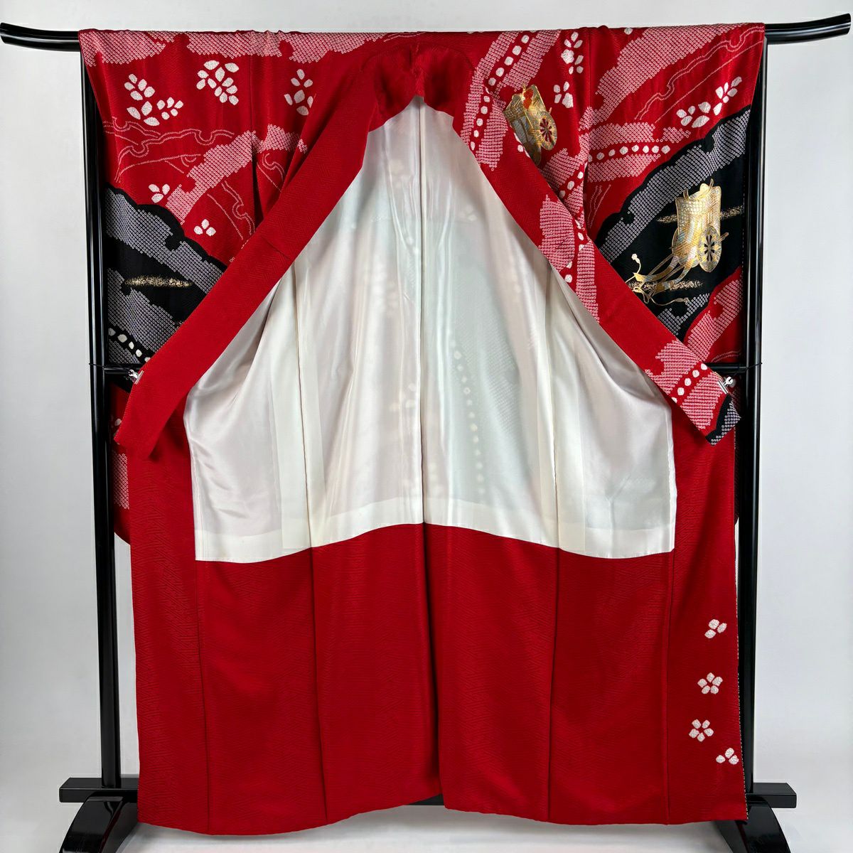 振袖禮服 身長160.5cm 袖長66.5cm M 雙層 御所車 雪輪 絞染 刺繡 紅 純蠶絲 秀品級