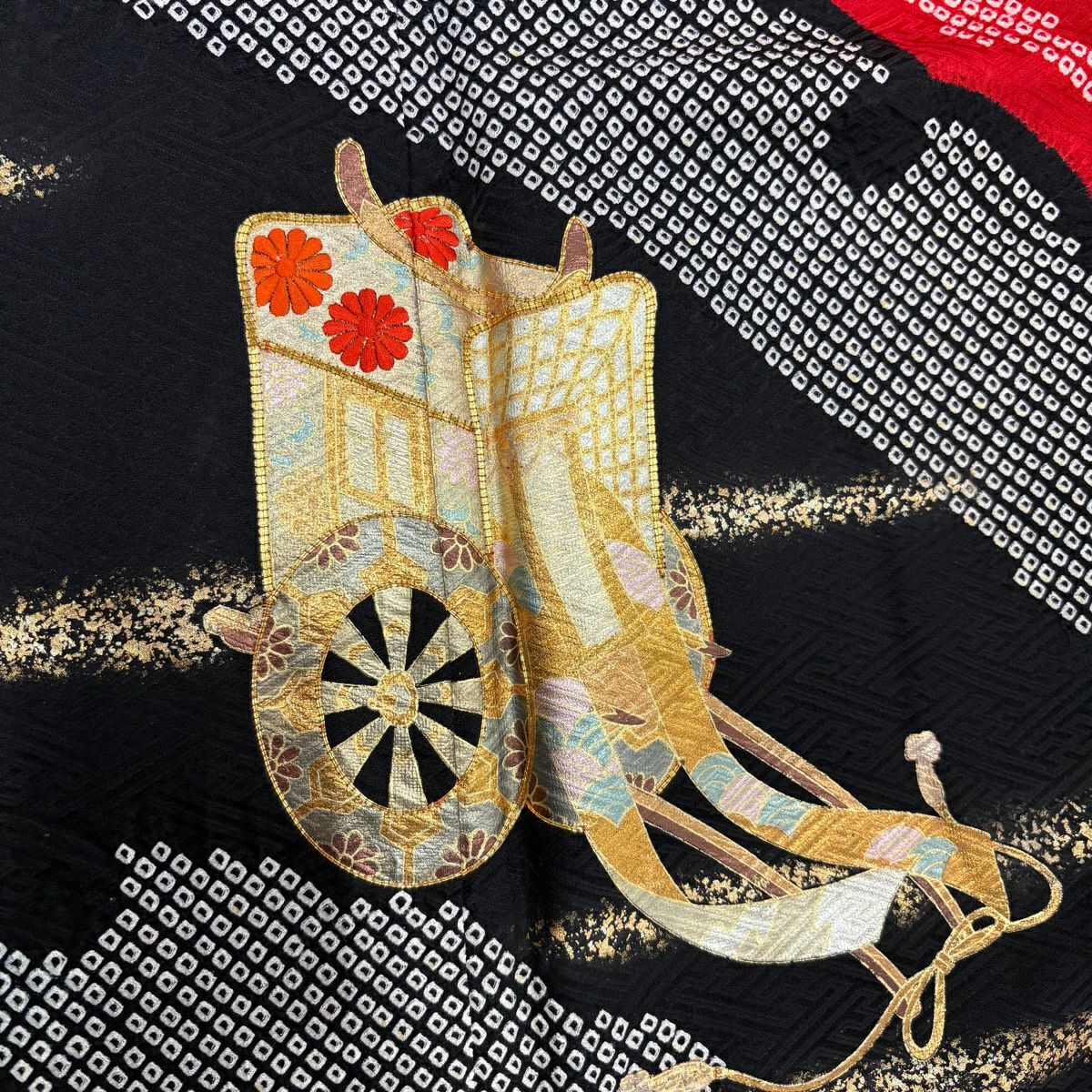 振袖禮服 身長160.5cm 袖長66.5cm M 雙層 御所車 雪輪 絞染 刺繡 紅 純蠶絲 秀品級