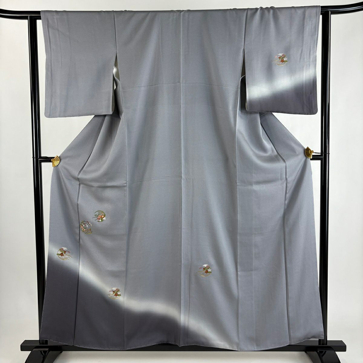 付下 身長158.5cm 袖長61.5cm S 雙層 花丸紋 草花紋紋 刺繡 金線 灰 純蠶絲 優品級
