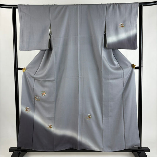 付下 身長158.5cm 袖長61.5cm S 雙層 花丸紋 草花紋紋 刺繡 金線 灰 純蠶絲 優品級