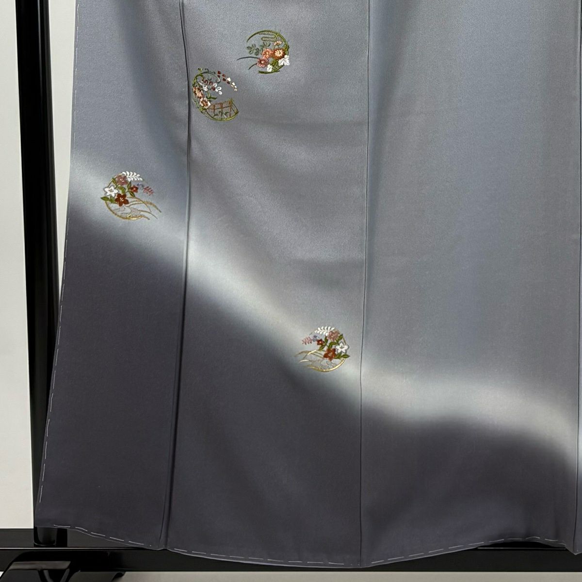 付下 身長158.5cm 袖長61.5cm S 雙層 花丸紋 草花紋紋 刺繡 金線 灰 純蠶絲 優品級