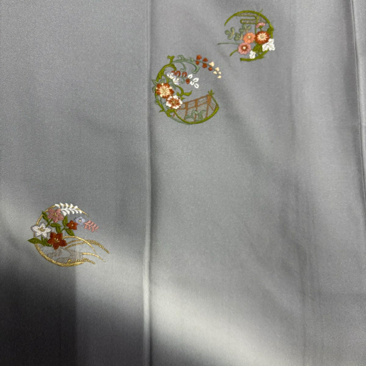 付下 身長158.5cm 袖長61.5cm S 雙層 花丸紋 草花紋紋 刺繡 金線 灰 純蠶絲 優品級