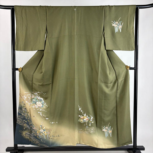 付下 身長154.5cm 袖長63cm S 雙層 扇子面 草花紋紋 金銀彩 漸層 茶綠 純蠶絲 秀品級 一つ紋