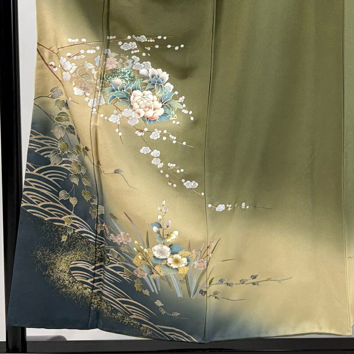 付下 身長154.5cm 袖長63cm S 雙層 扇子面 草花紋紋 金銀彩 漸層 茶綠 純蠶絲 秀品級 一つ紋