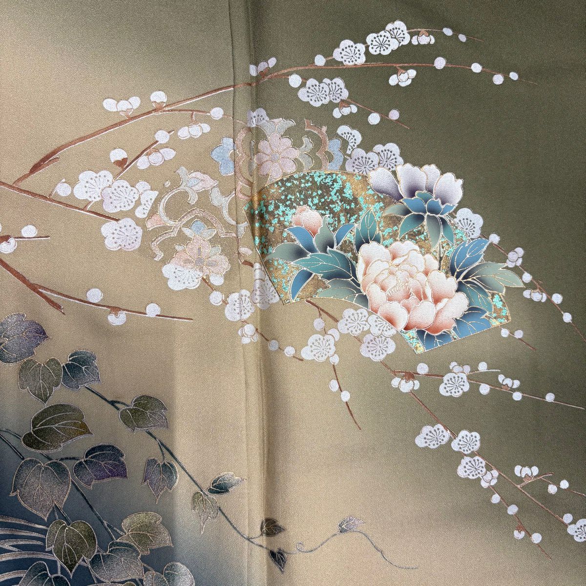 付下 身長154.5cm 袖長63cm S 雙層 扇子面 草花紋紋 金銀彩 漸層 茶綠 純蠶絲 秀品級 一つ紋