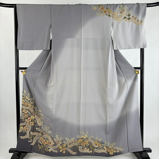 訪問服 身長162cm 袖長67cm M 雙層 辻花染圖案 染分 絞染 灰 純蠶絲 秀品級
