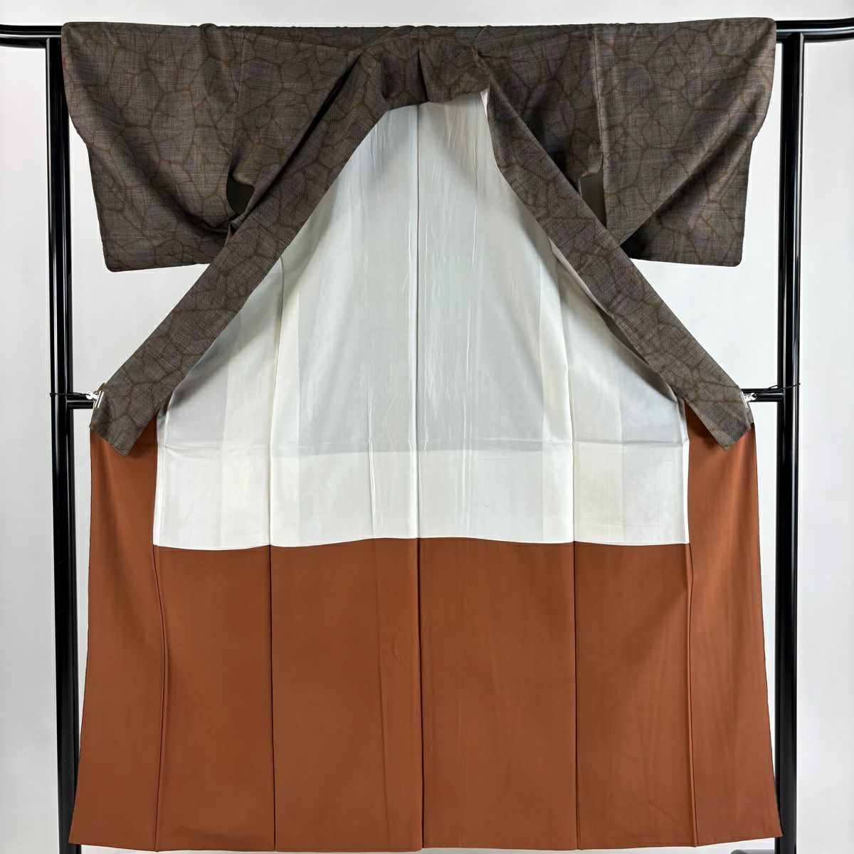 【美品】 紬織 身長156.5cm 袖長62.5cm S 雙層 幾何學 焦茶 純蠶絲 秀品級