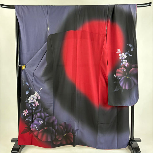 【美品】振袖禮服 身長164.5cm 袖長70cm L 雙層 草花紋紋 金銀彩 漸層 青紫 純蠶絲 優品級