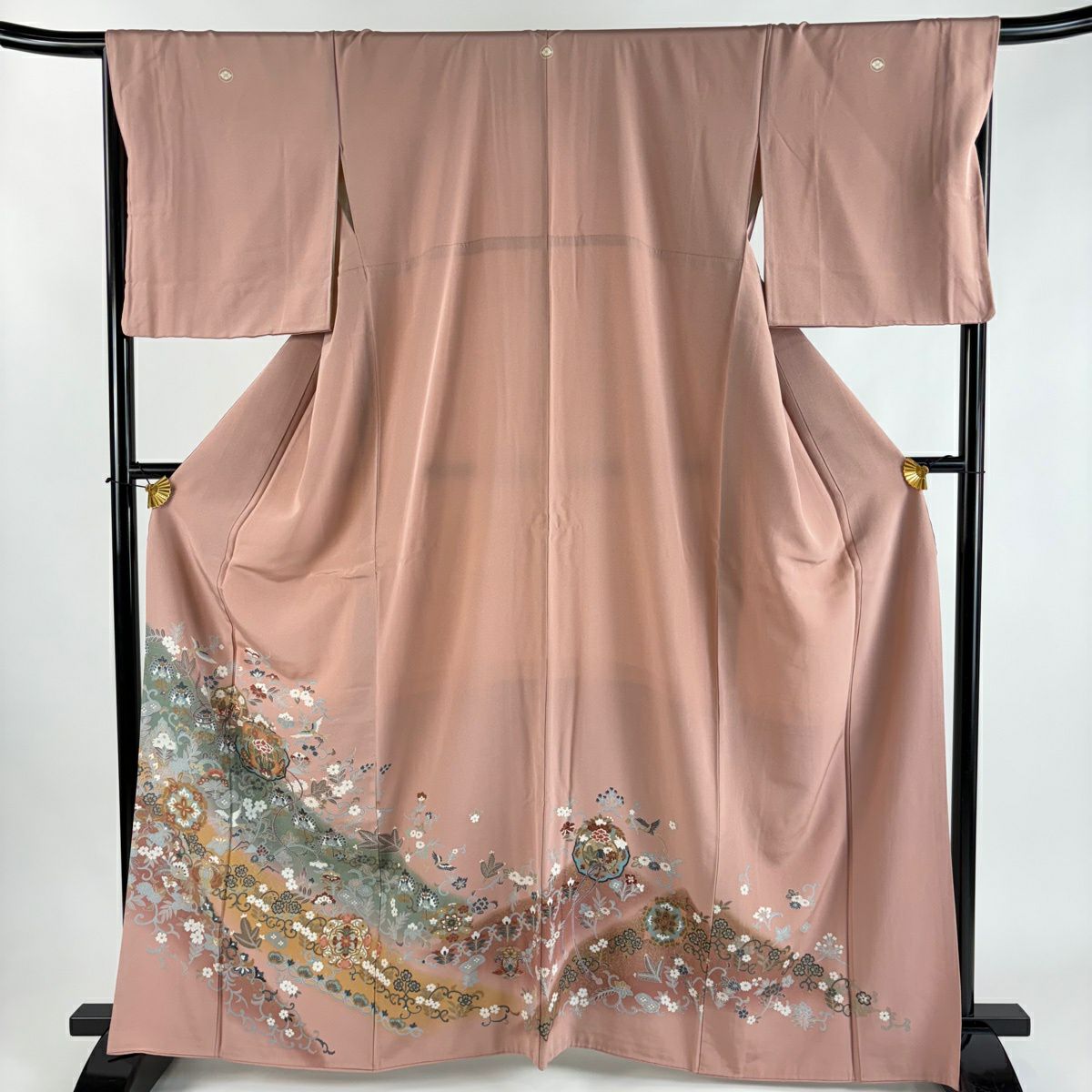 留袖禮服禮服 身長164.5cm 袖長68cm L 雙層 鏡裏文 花鳥 金銀彩 粉米色 純蠶絲 秀品級 一つ紋