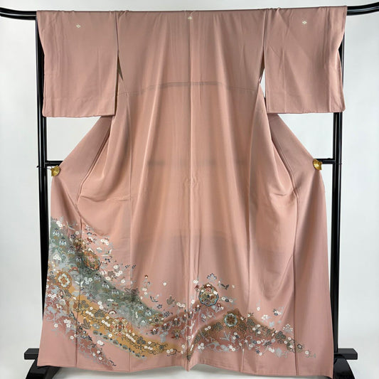 留袖禮服禮服 身長164.5cm 袖長68cm L 雙層 鏡裏文 花鳥 金銀彩 粉米色 純蠶絲 秀品級 一つ紋