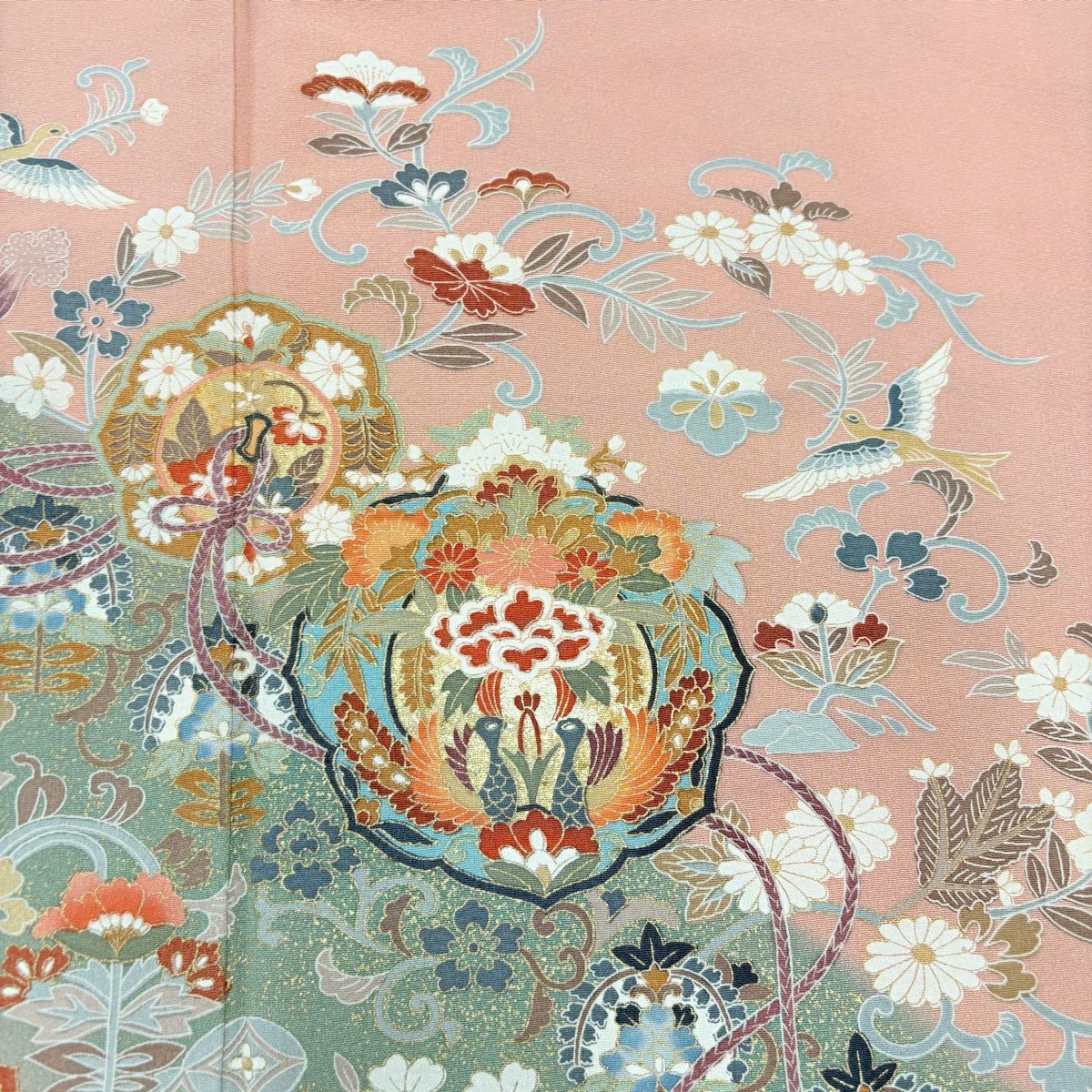 留袖禮服禮服 身長164.5cm 袖長68cm L 雙層 鏡裏文 花鳥 金銀彩 粉米色 純蠶絲 秀品級 一つ紋
