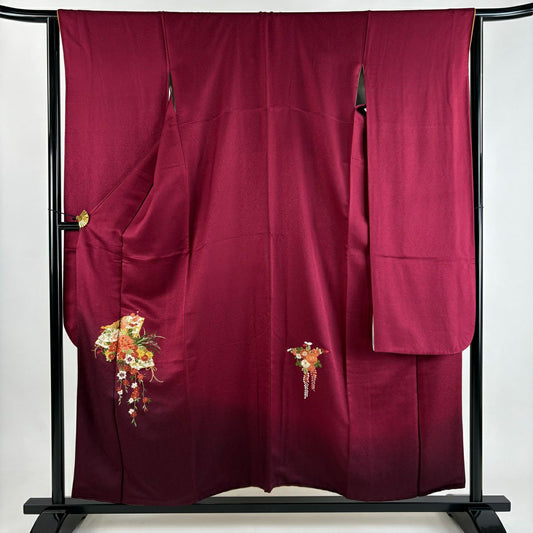 振袖禮服 身長155cm 袖長64cm M 雙層 草花紋紋 檜扇子刺繡 金糸 紅紫 純蠶絲 秀品級
