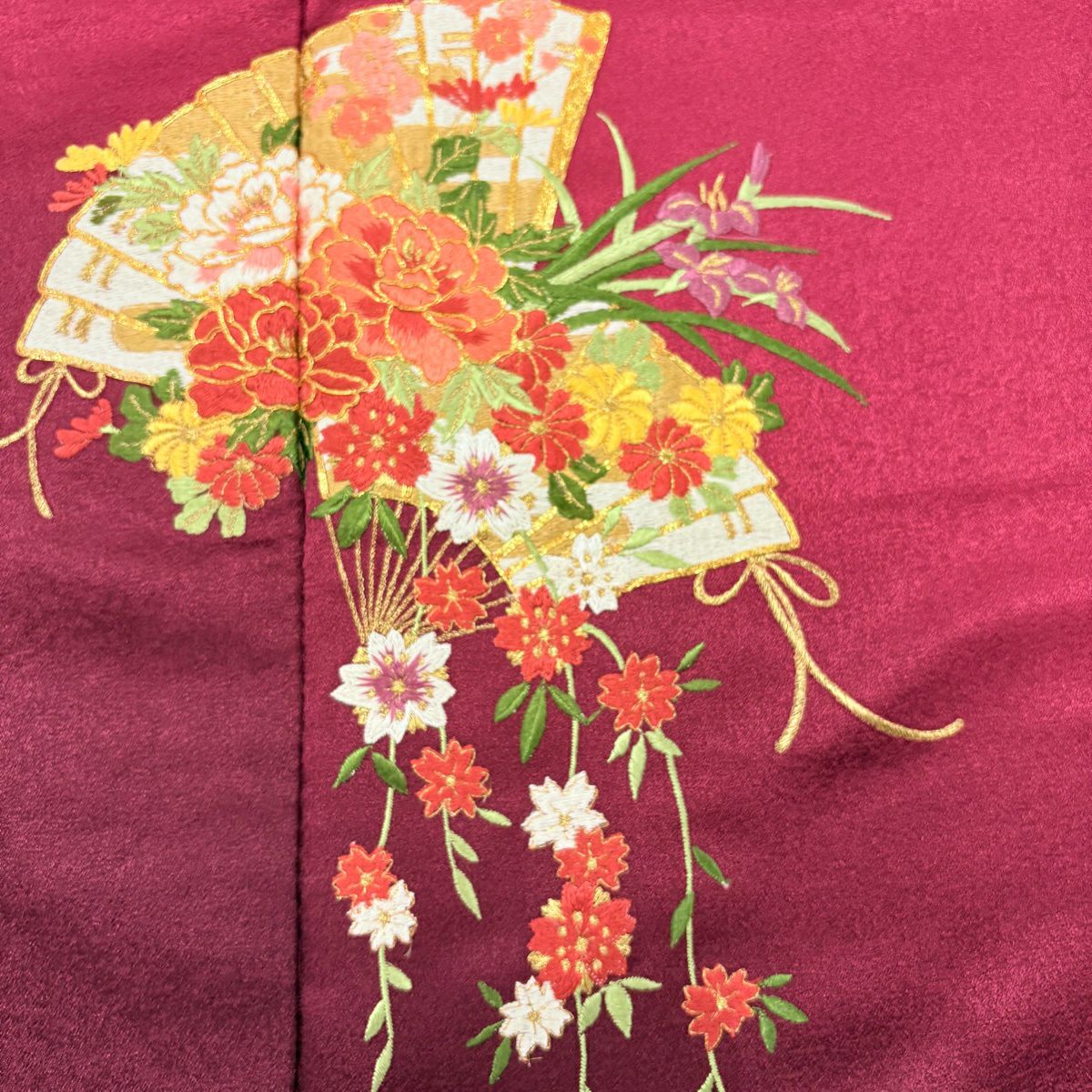 振袖禮服 身長155cm 袖長64cm M 雙層 草花紋紋 檜扇子刺繡 金糸 紅紫 純蠶絲 秀品級