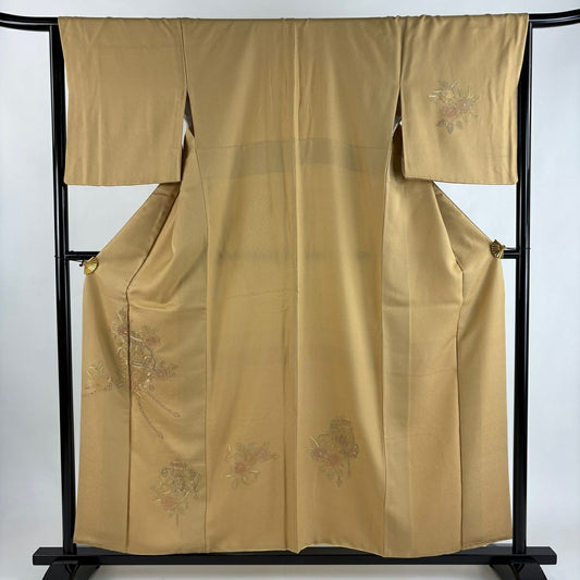 付下 身長157.5cm 袖長65cm M 雙層 草花紋紋 器物刺繡 金線 淺茶 純蠶絲 優品級