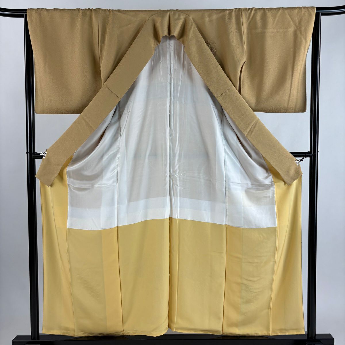 付下 身長157.5cm 袖長65cm M 雙層 草花紋紋 器物刺繡 金線 淺茶 純蠶絲 優品級