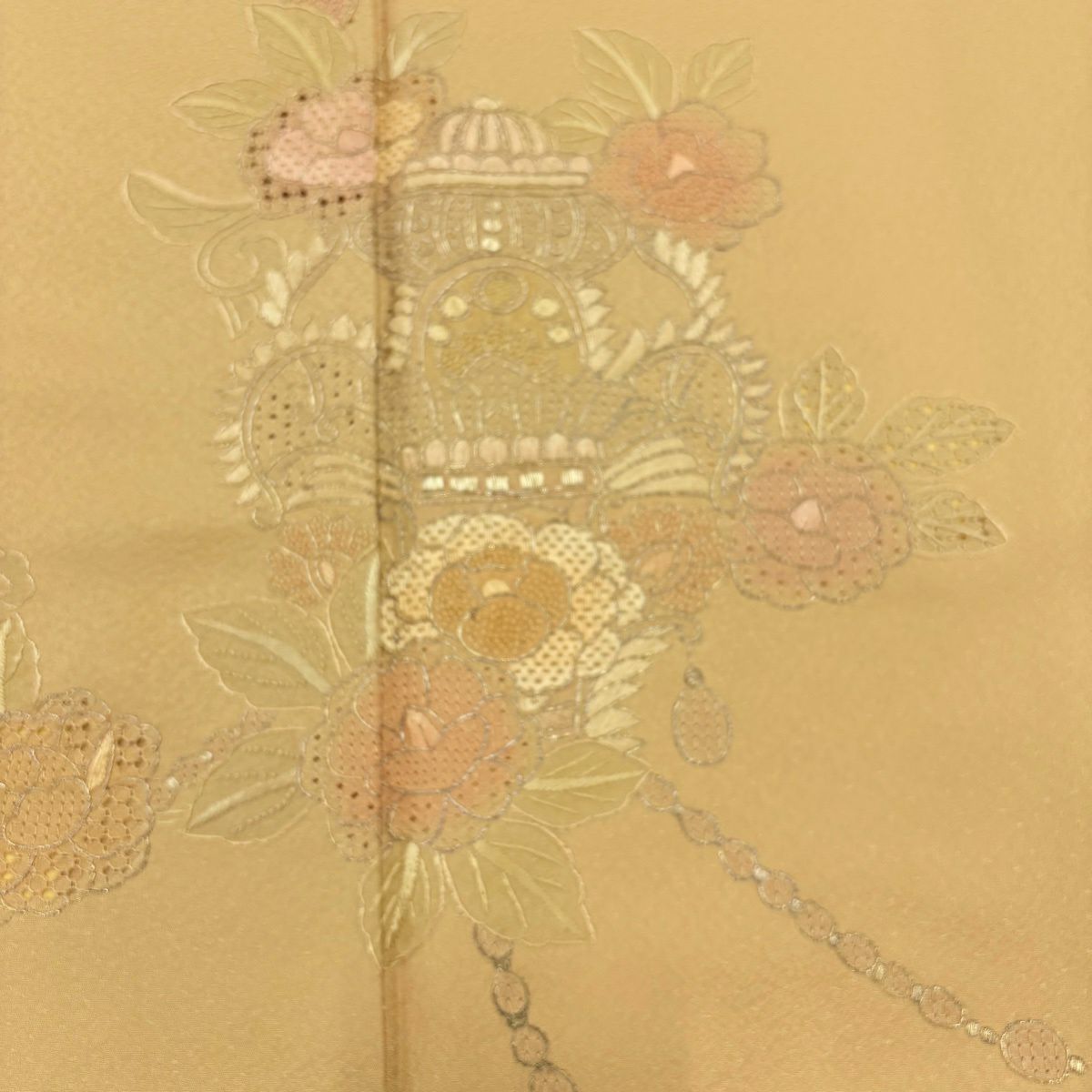 付下 身長157.5cm 袖長65cm M 雙層 草花紋紋 器物刺繡 金線 淺茶 純蠶絲 優品級