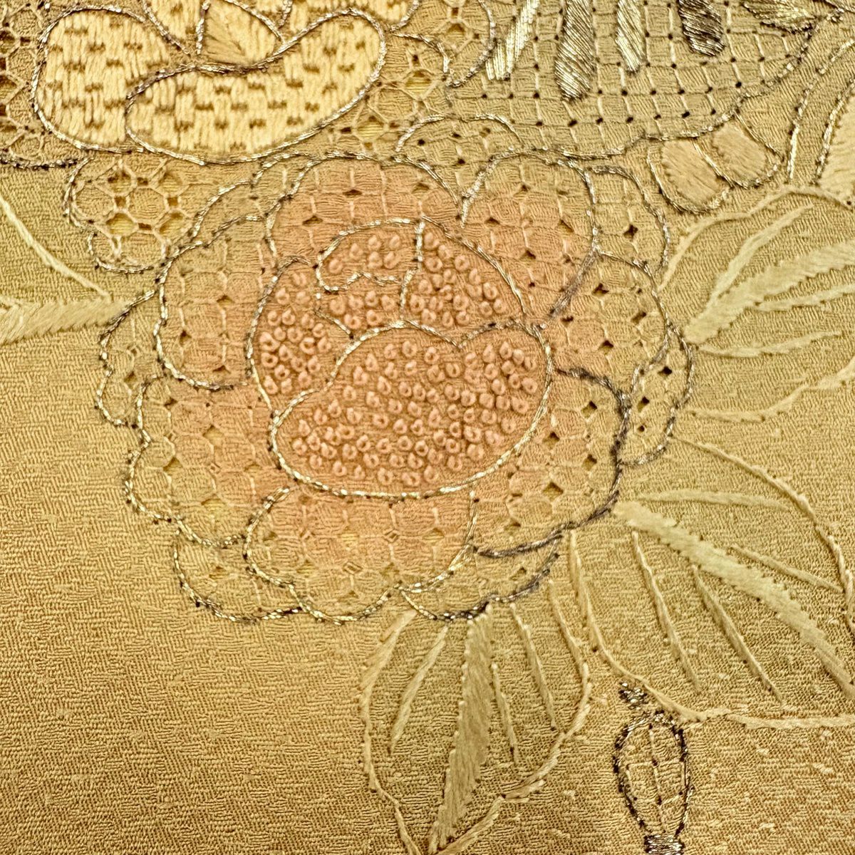 付下 身長157.5cm 袖長65cm M 雙層 草花紋紋 器物刺繡 金線 淺茶 純蠶絲 優品級