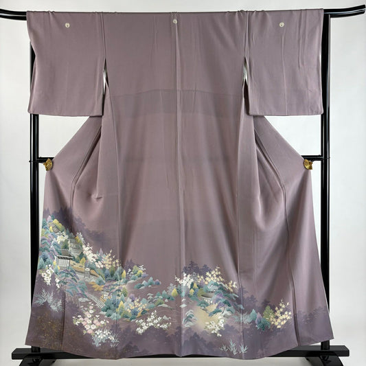 色留袖禮服 身長157.5cm 袖長67cm M 雙層 風景 松樹竹子梅花 薄紫 純蠶絲 秀品級 三つ紋