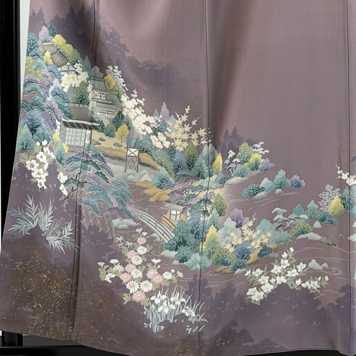 色留袖禮服 身長157.5cm 袖長67cm M 雙層 風景 松樹竹子梅花 薄紫 純蠶絲 秀品級 三つ紋