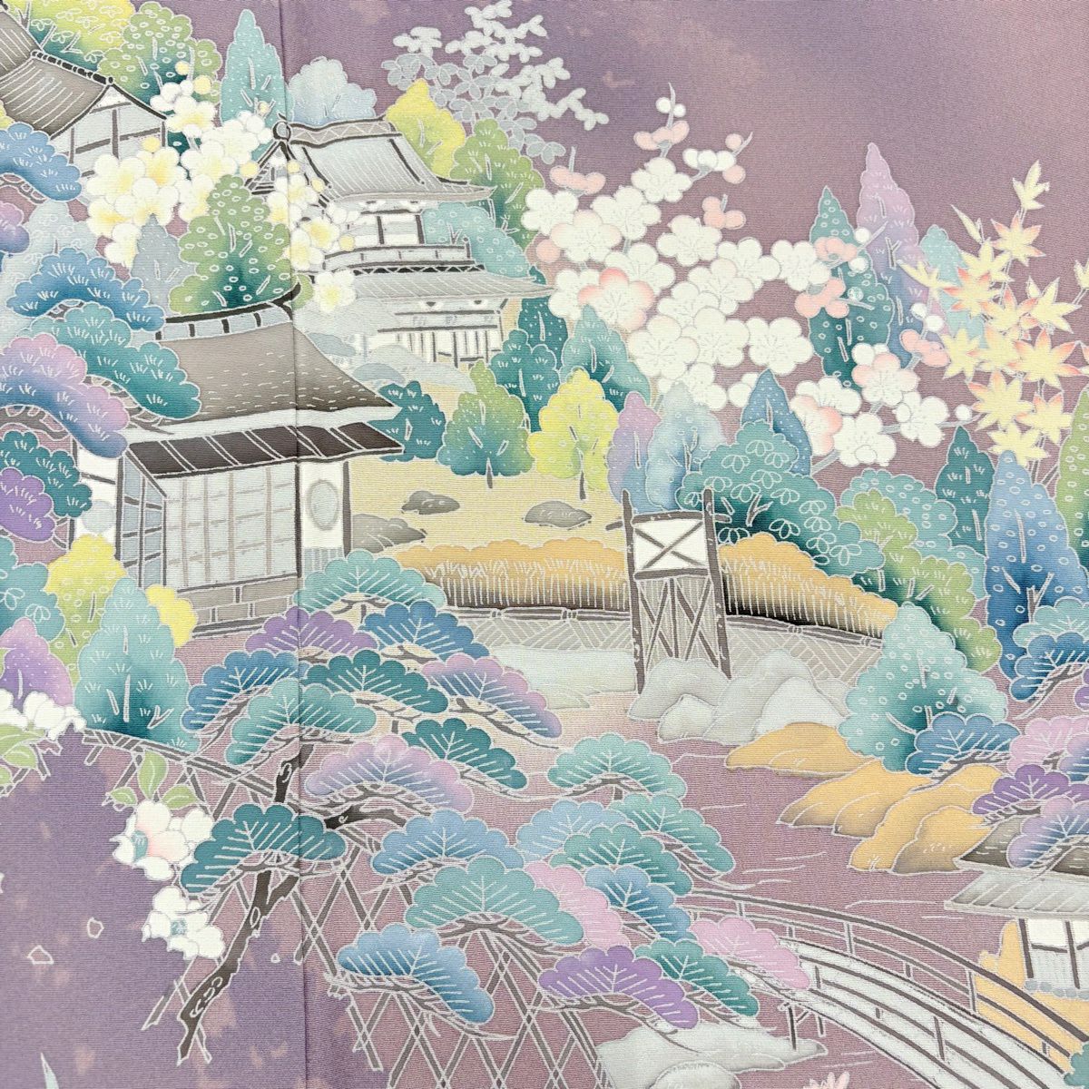 色留袖禮服 身長157.5cm 袖長67cm M 雙層 風景 松樹竹子梅花 薄紫 純蠶絲 秀品級 三つ紋