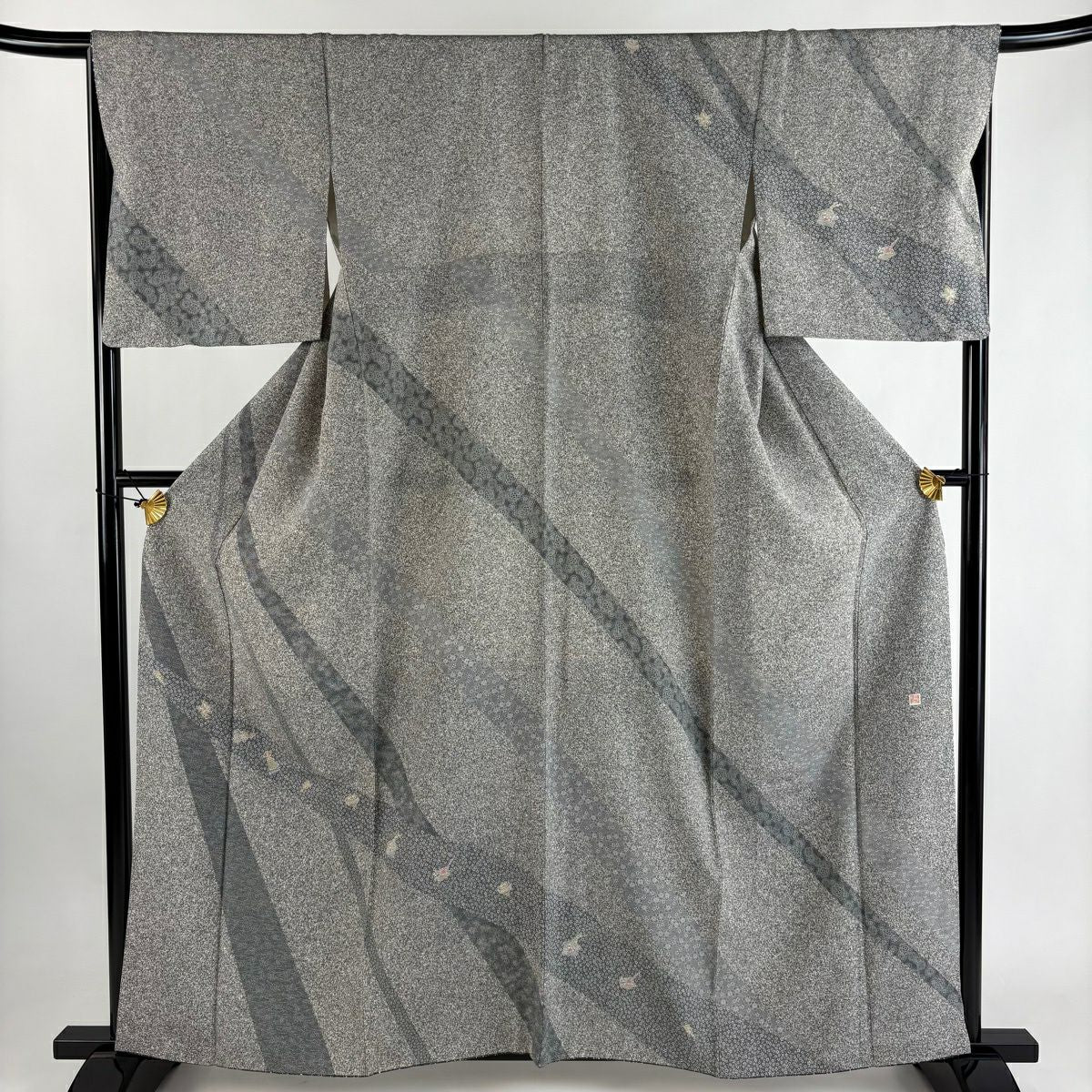 訪問服 身長160.5cm 袖長69cm L 雙層 落款あり 玩具 小花 灰 純蠶絲 秀品級