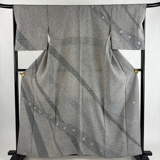 訪問服 身長160.5cm 袖長69cm L 雙層 落款あり 玩具 小花 灰 純蠶絲 秀品級