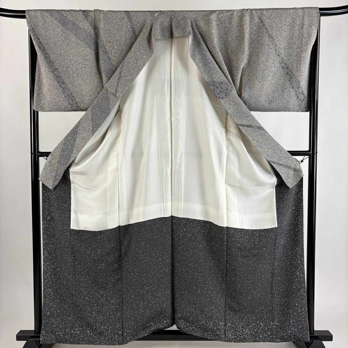 訪問服 身長160.5cm 袖長69cm L 雙層 落款あり 玩具 小花 灰 純蠶絲 秀品級