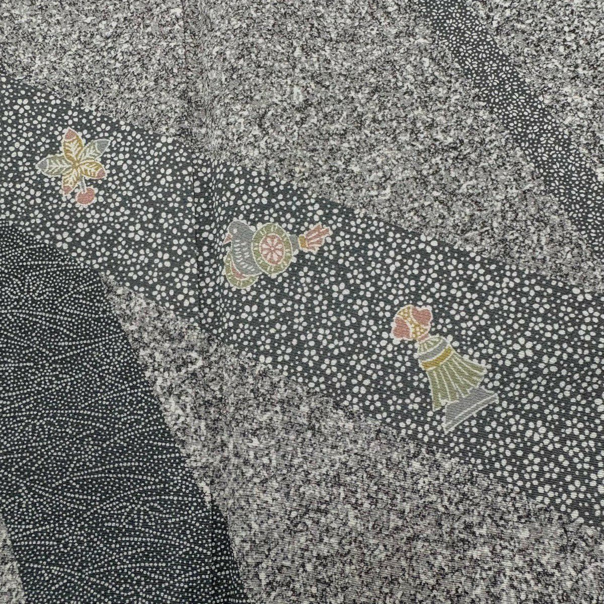 訪問服 身長160.5cm 袖長69cm L 雙層 落款あり 玩具 小花 灰 純蠶絲 秀品級