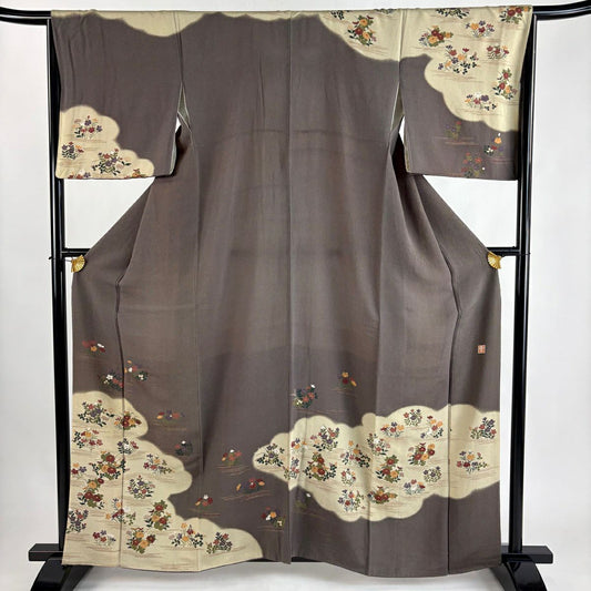 訪問服 身長160.5cm 袖長67cm M 雙層 花井幸子 落款あり 雲文 草花紋紋 金彩裝飾 灰茶 純蠶絲 秀品級
