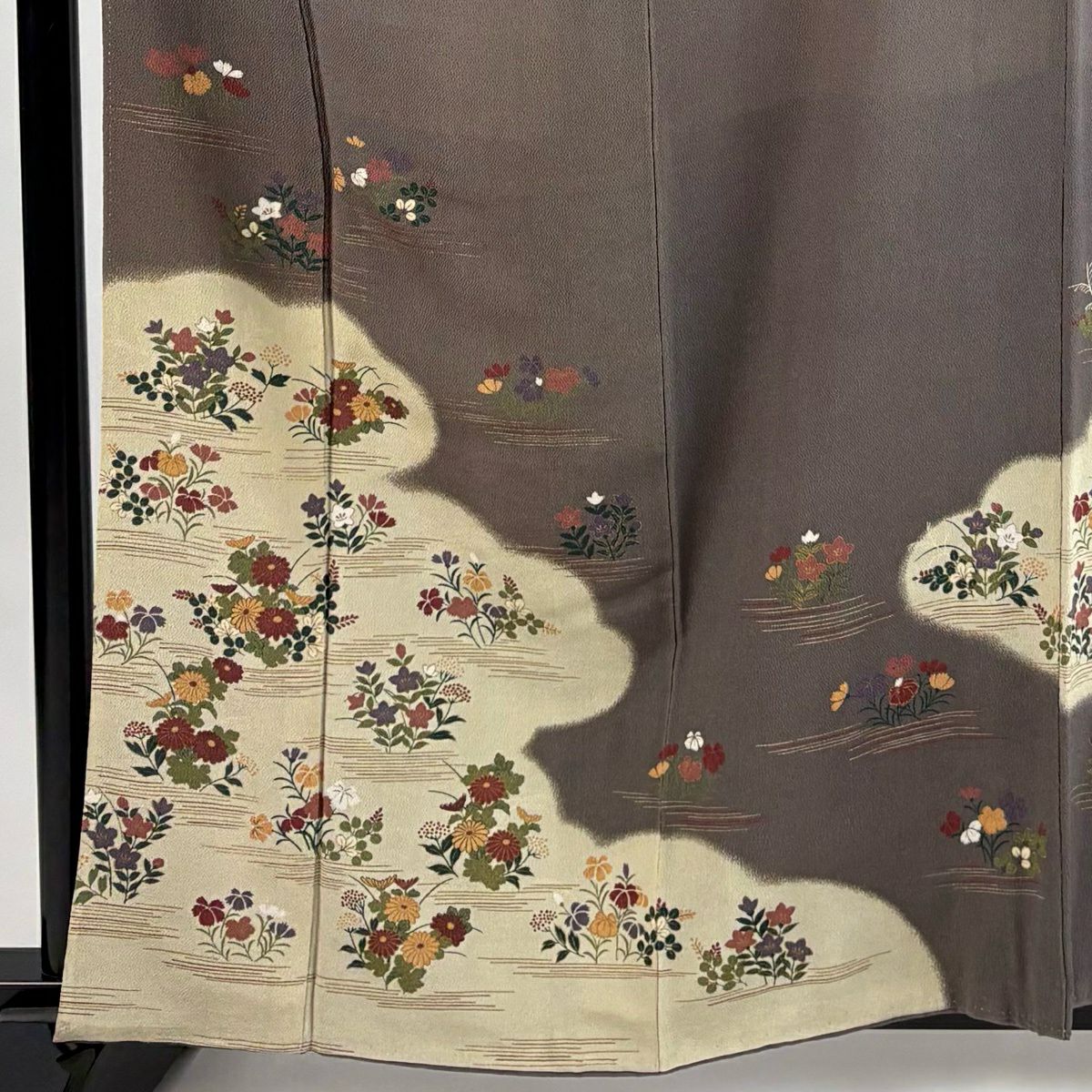訪問服 身長160.5cm 袖長67cm M 雙層 花井幸子 落款あり 雲文 草花紋紋 金彩裝飾 灰茶 純蠶絲 秀品級