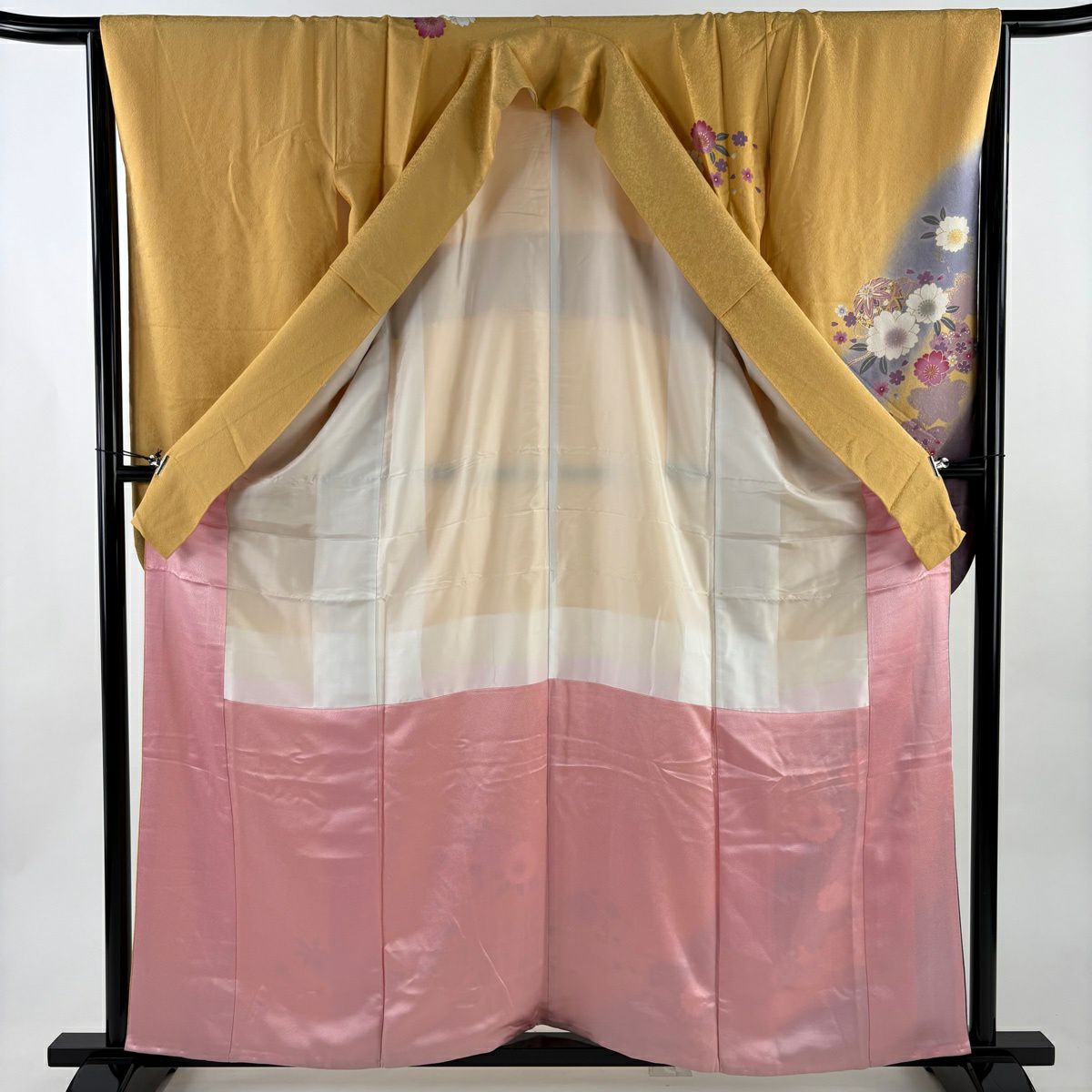 振袖禮服 身長156.5cm 袖長65.5cm M 雙層 大和 手鞠 櫻花 金金箔 金銀彩 淺橙色 純蠶絲 優品級