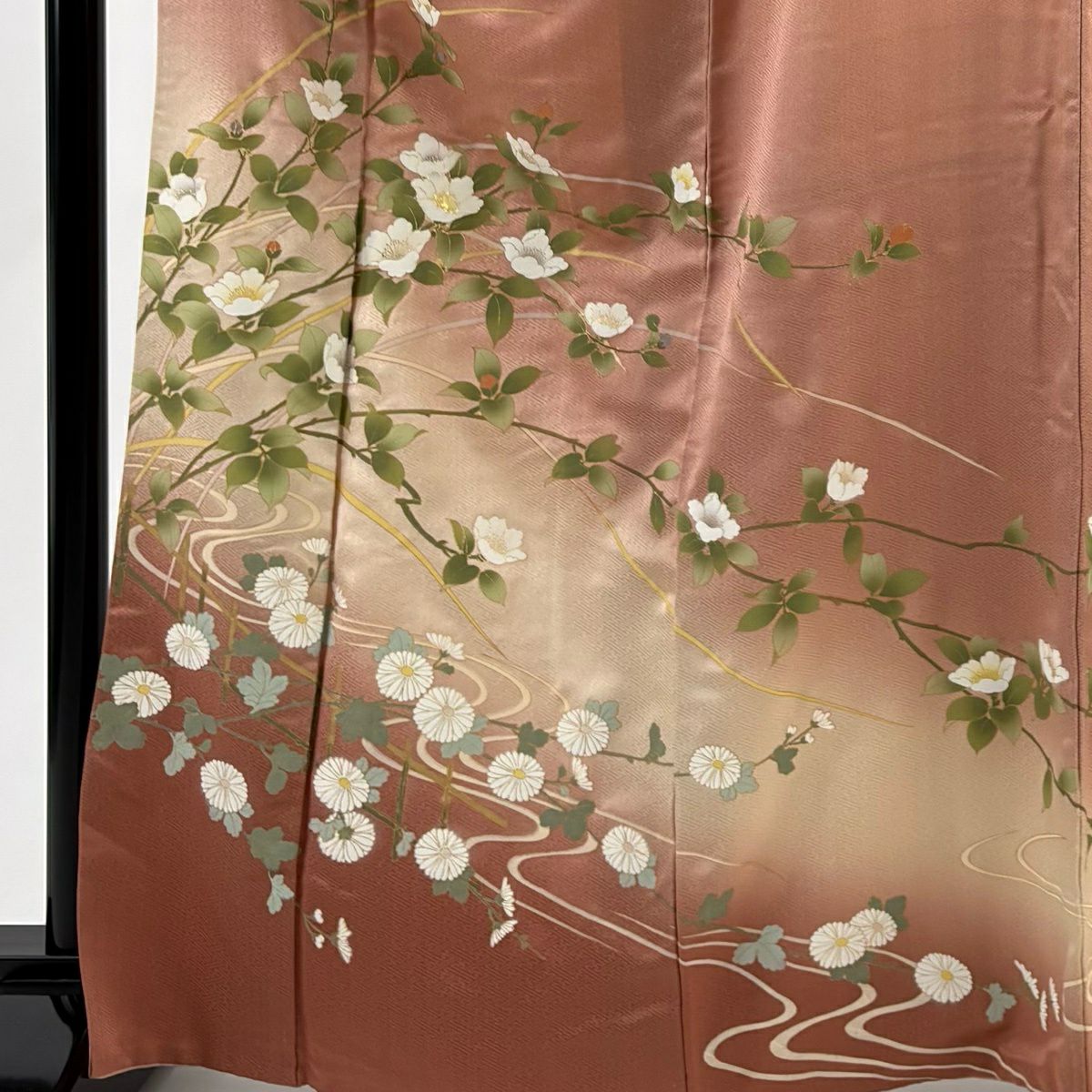 訪問服 身長165cm 袖長67cm M 雙層 枝花 菊花 金彩裝飾 漸層 粉紅 純蠶絲 優品級