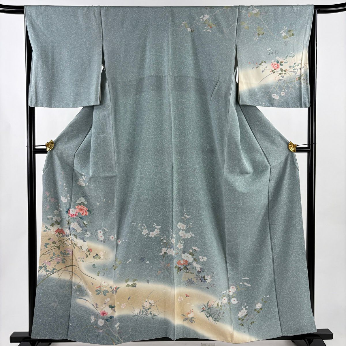 訪問服 身長158cm 袖長66cm M 雙層 牡丹 菊花 漸層 青灰 純蠶絲 優品級