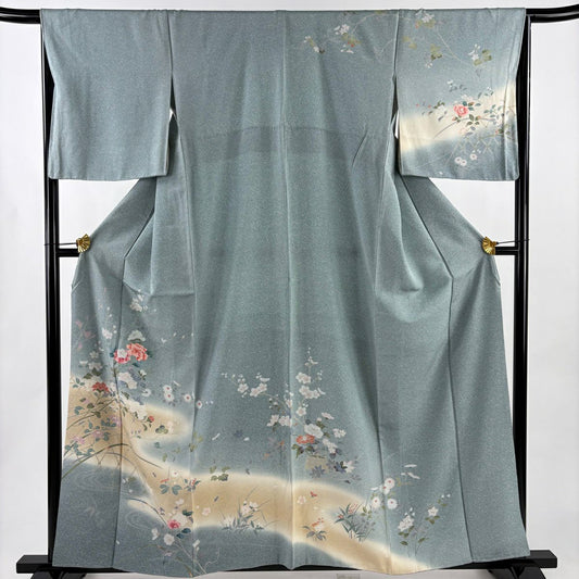 訪問服 身長158cm 袖長66cm M 雙層 牡丹 菊花 漸層 青灰 純蠶絲 優品級