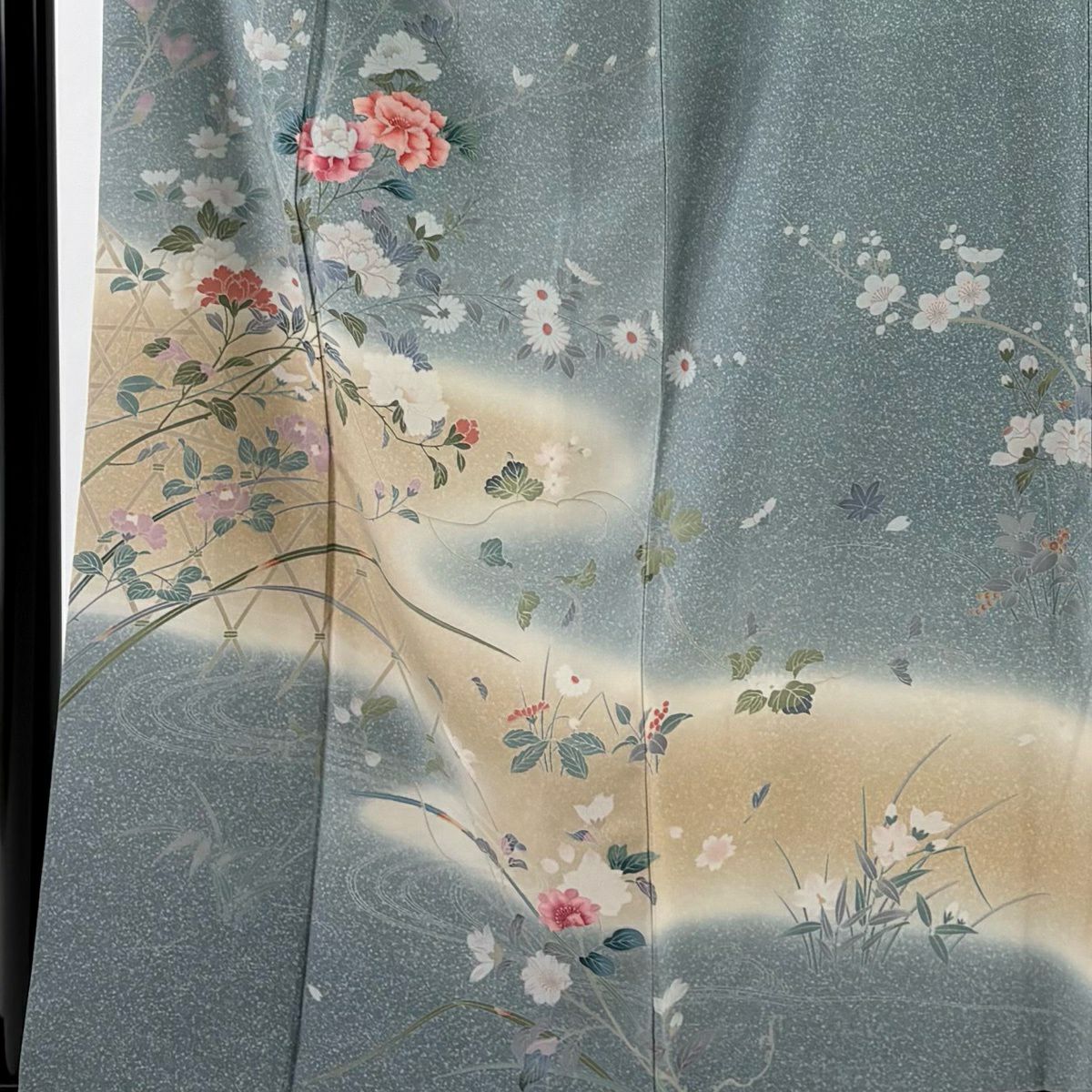 訪問服 身長158cm 袖長66cm M 雙層 牡丹 菊花 漸層 青灰 純蠶絲 優品級