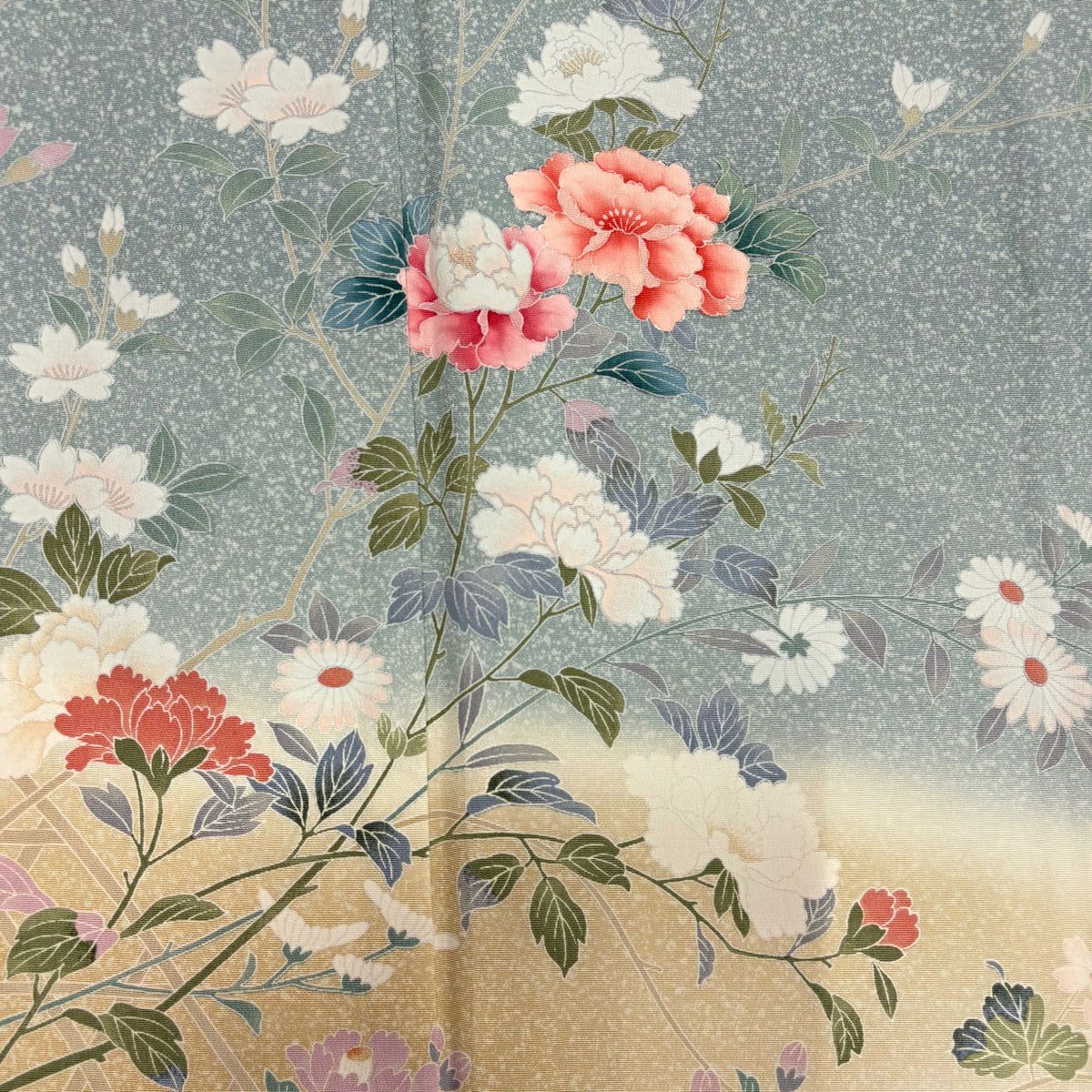 訪問服 身長158cm 袖長66cm M 雙層 牡丹 菊花 漸層 青灰 純蠶絲 優品級