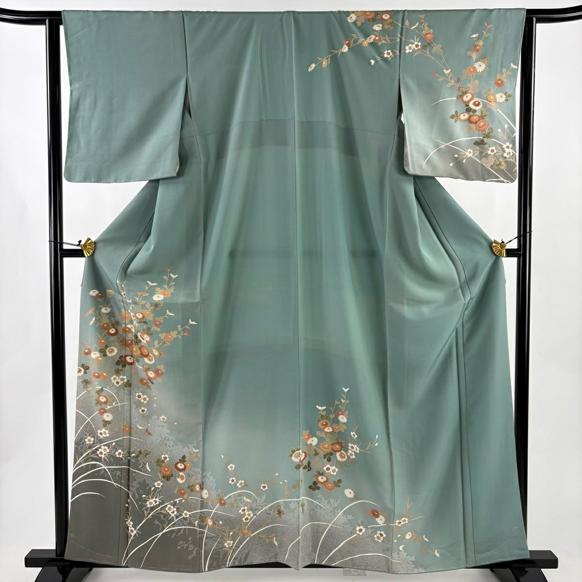 訪問服 身長160cm 袖長63cm S 雙層 菊花 櫻花 金彩裝飾 漸層 灰綠 純蠶絲 優品級