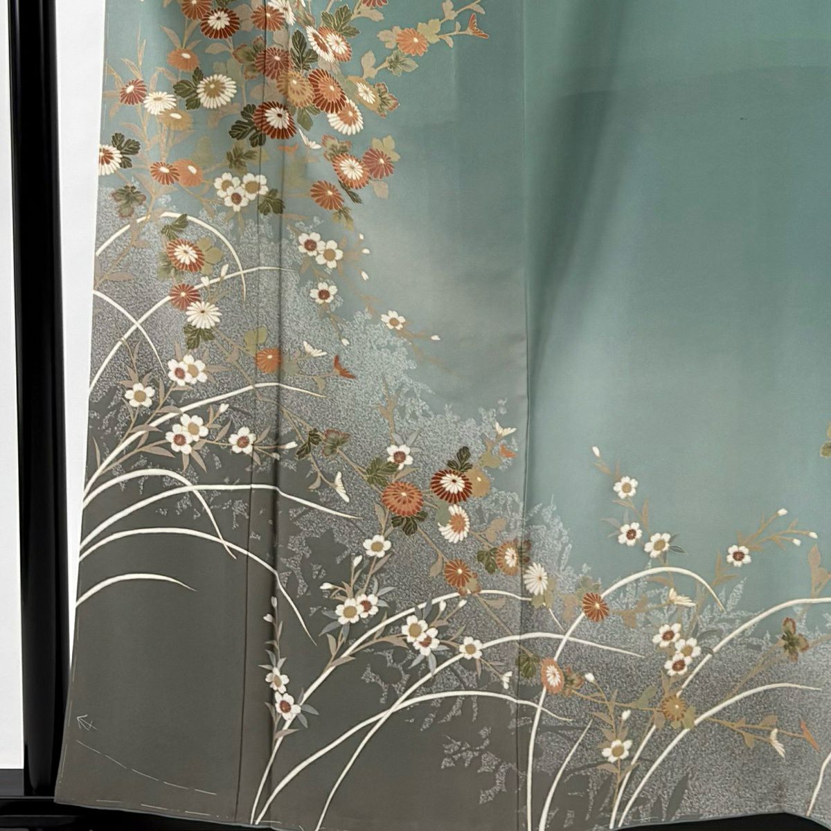 訪問服 身長160cm 袖長63cm S 雙層 菊花 櫻花 金彩裝飾 漸層 灰綠 純蠶絲 優品級