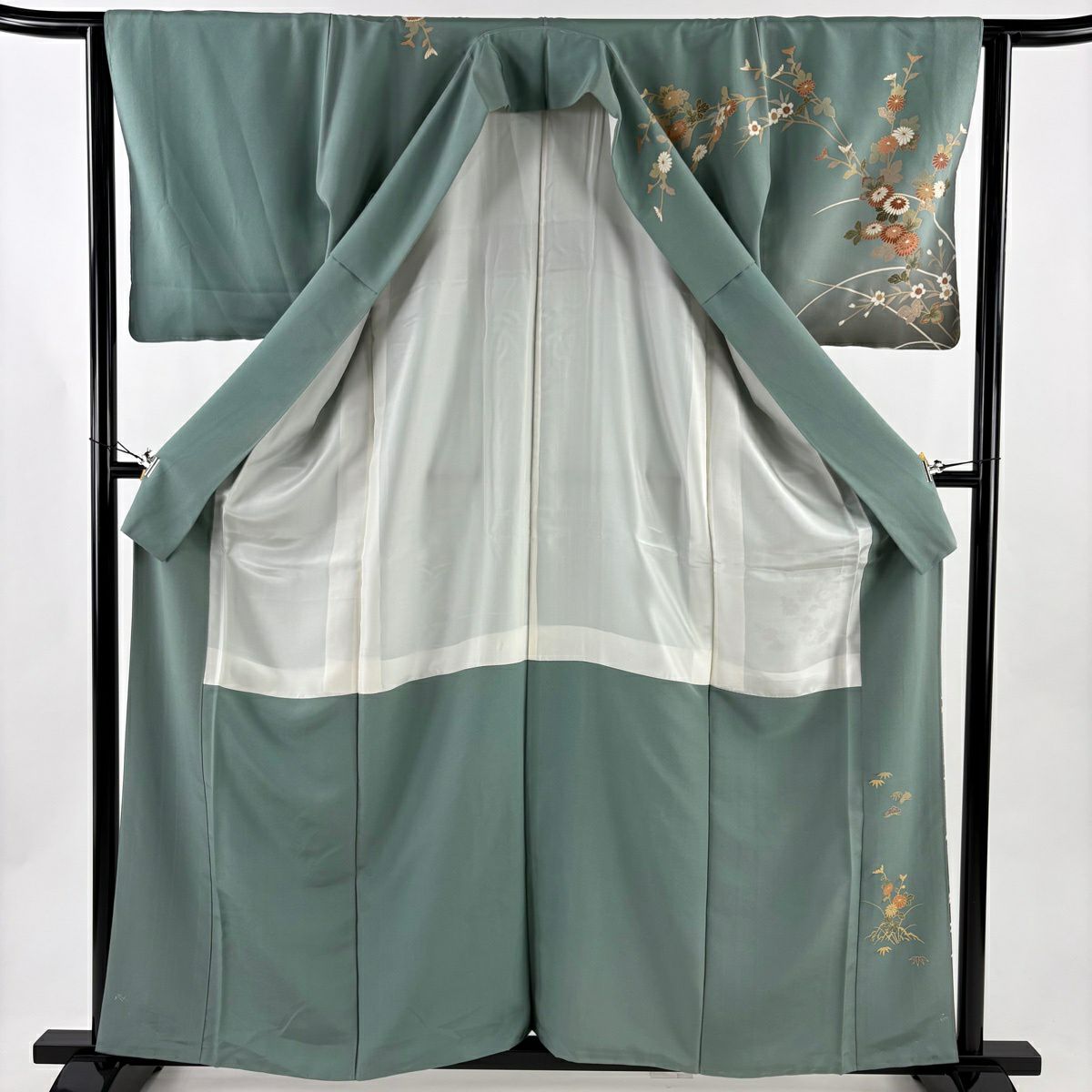 訪問服 身長160cm 袖長63cm S 雙層 菊花 櫻花 金彩裝飾 漸層 灰綠 純蠶絲 優品級