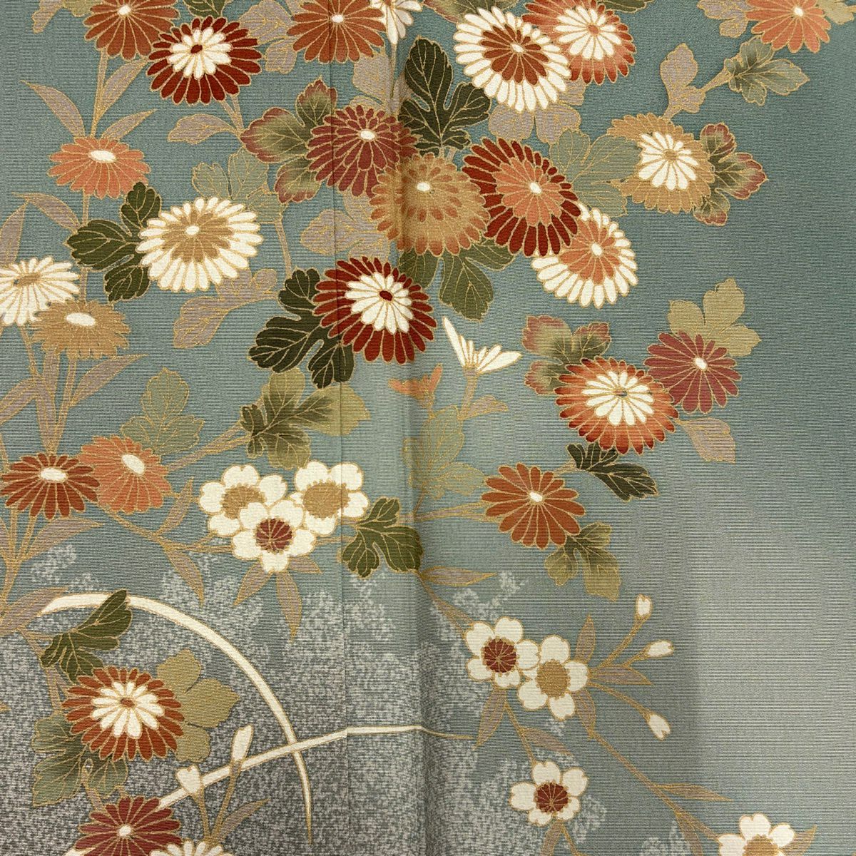 訪問服 身長160cm 袖長63cm S 雙層 菊花 櫻花 金彩裝飾 漸層 灰綠 純蠶絲 優品級