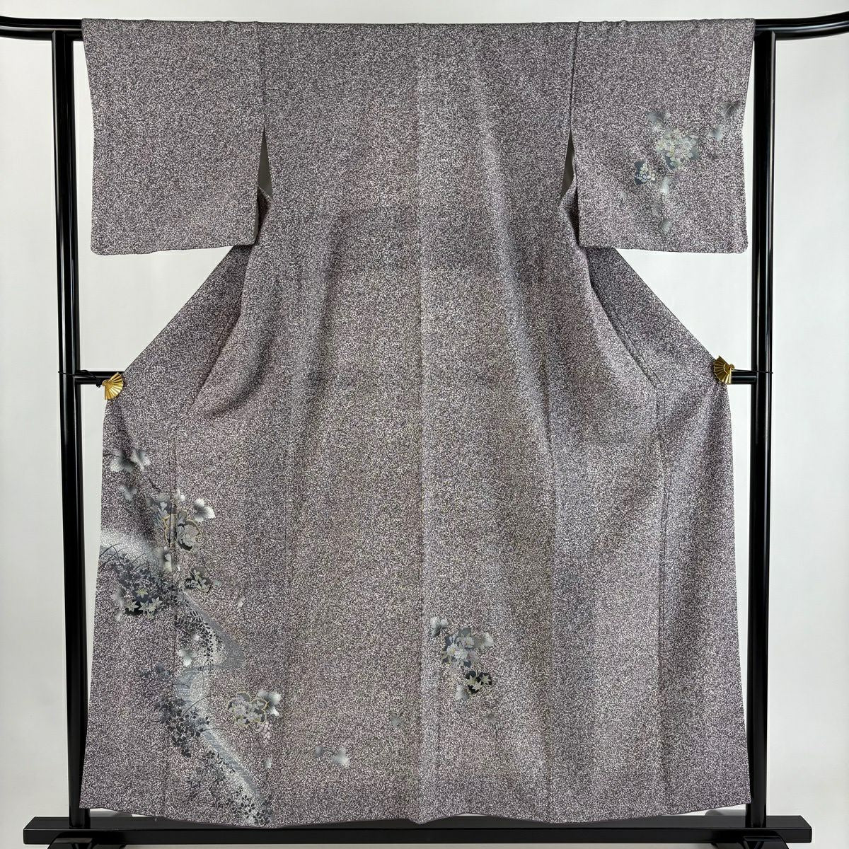 付下 身長156cm 袖長61.5cm S 雙層 草花紋紋 流水 金銀彩 漸層 灰紫 純蠶絲 優品級