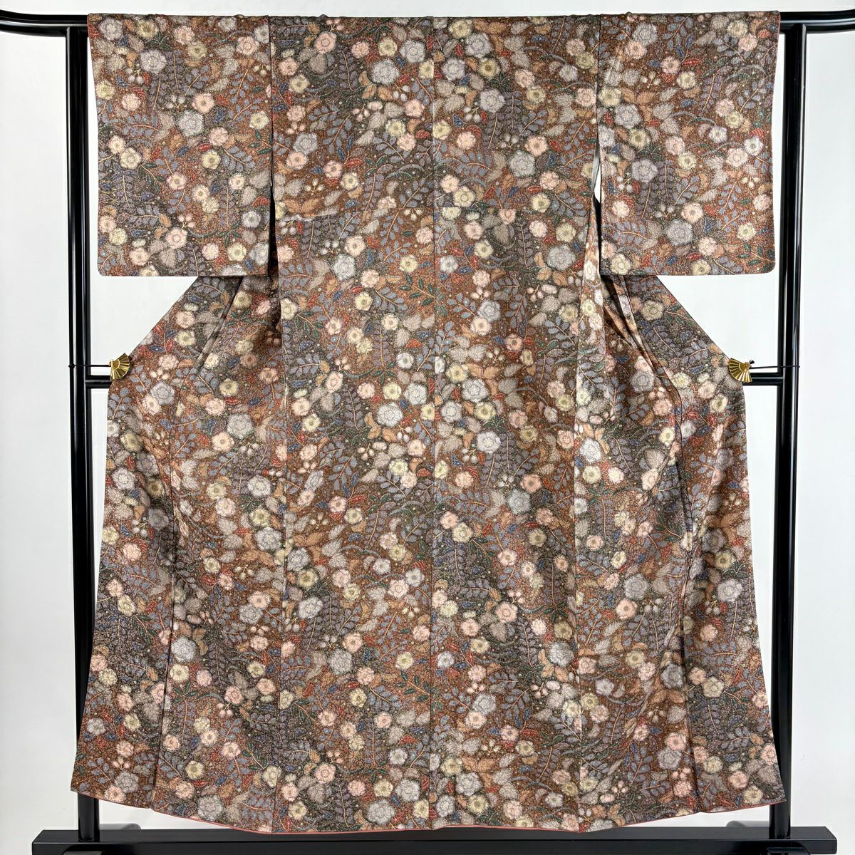 【美品】 小紋 身長153cm 袖長62cm S 雙層 草花紋紋 金彩裝飾 紅茶 純蠶絲 秀品級