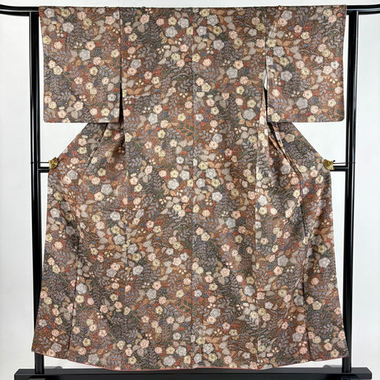 【美品】 小紋 身長153cm 袖長62cm S 雙層 草花紋紋 金彩裝飾 紅茶 純蠶絲 秀品級
