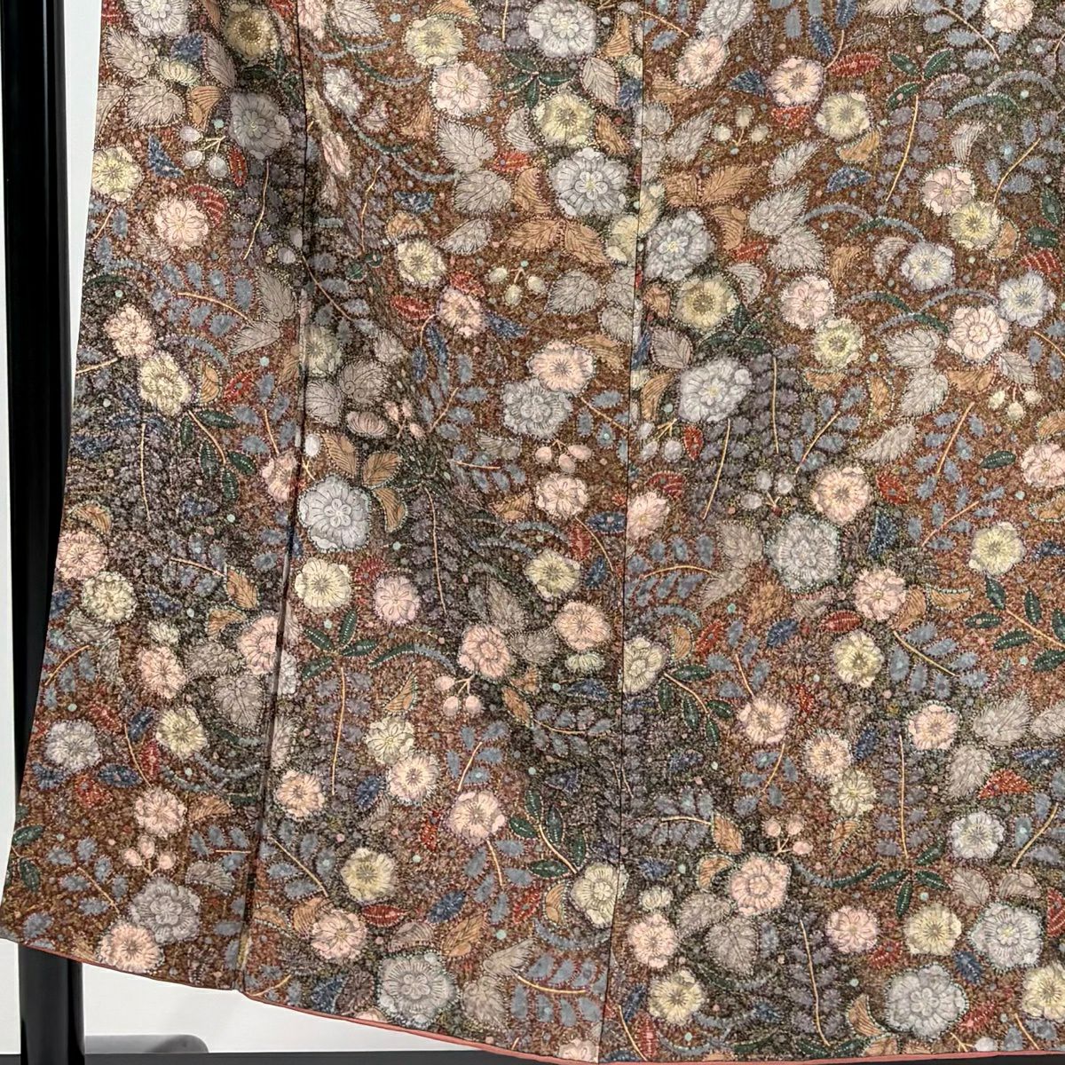 【美品】 小紋 身長153cm 袖長62cm S 雙層 草花紋紋 金彩裝飾 紅茶 純蠶絲 秀品級