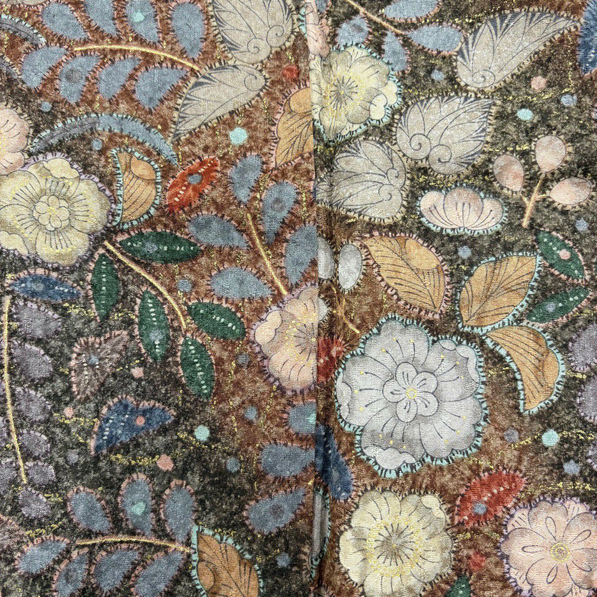 【美品】 小紋 身長153cm 袖長62cm S 雙層 草花紋紋 金彩裝飾 紅茶 純蠶絲 秀品級