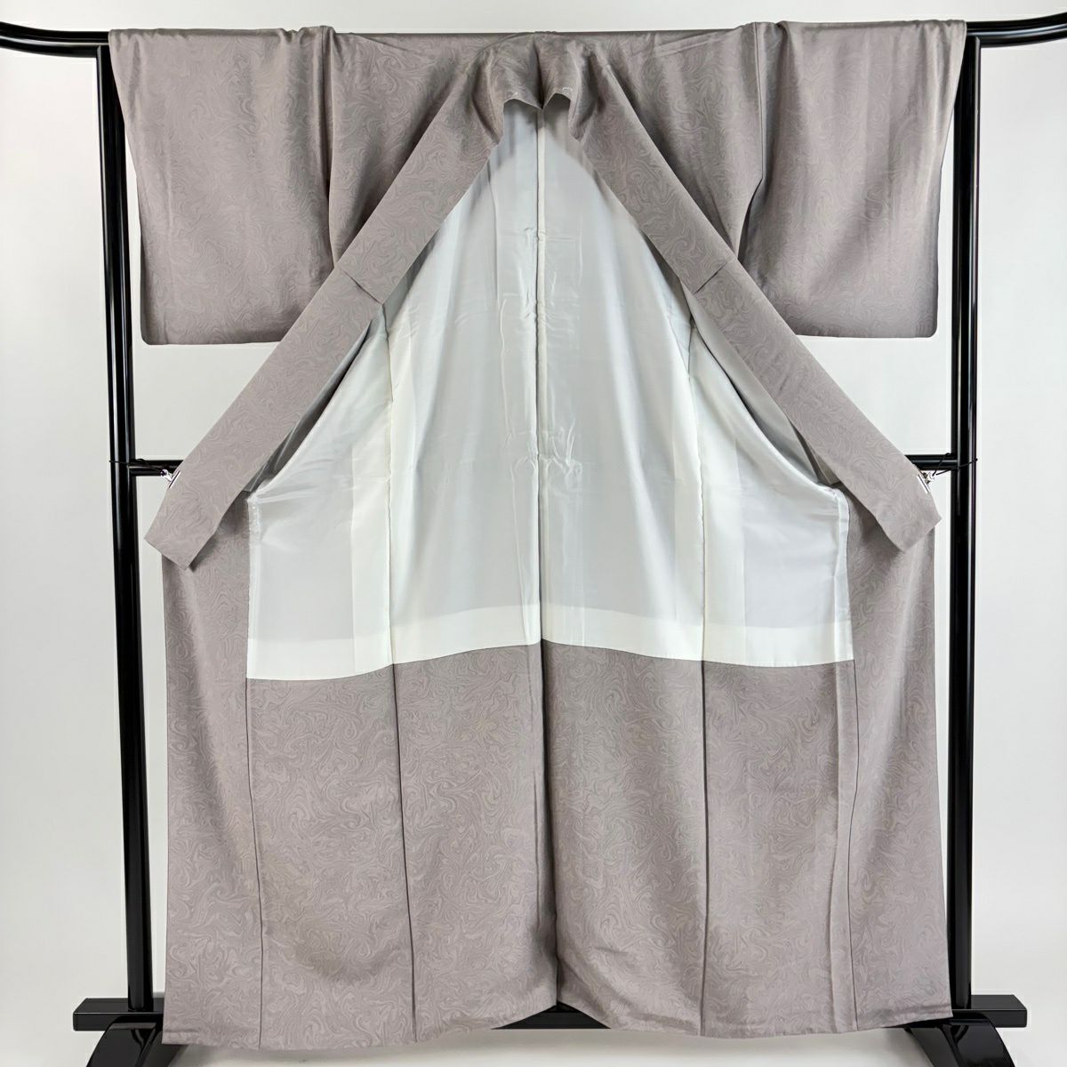【美品】 小紋 身長161.5cm 袖長65cm M 雙層 墨流 灰紫 純蠶絲 秀品級