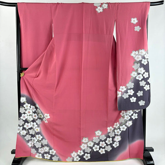 振袖禮服 身長169cm 袖長67cm M 雙層 枝櫻 金絲 金銀彩 深粉紅 純蠶絲 優品級