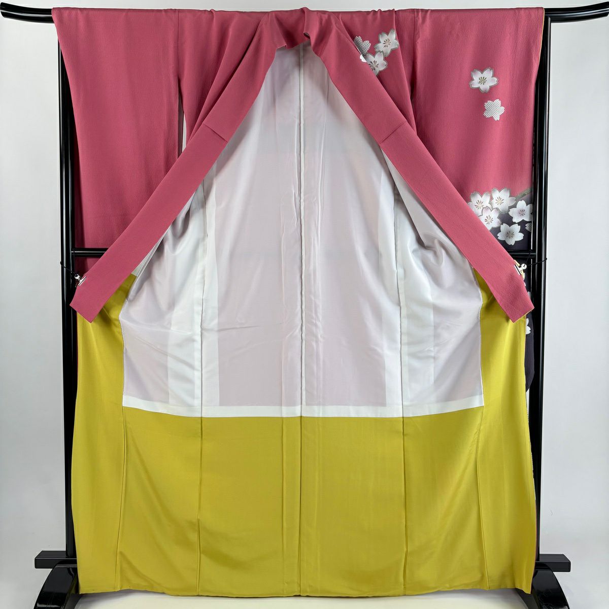 振袖禮服 身長169cm 袖長67cm M 雙層 枝櫻 金絲 金銀彩 深粉紅 純蠶絲 優品級