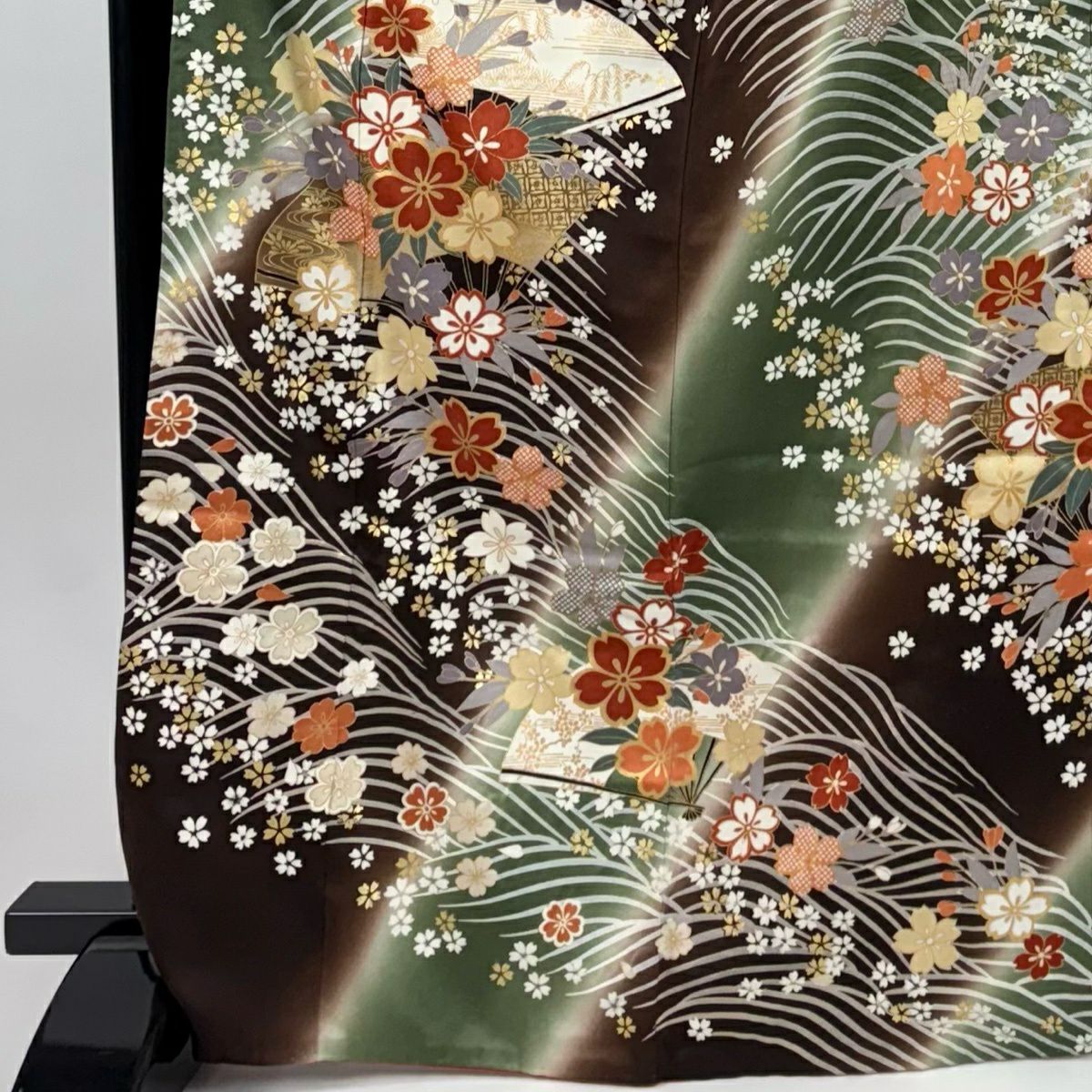 振袖禮服 身長167.5cm 袖長67.5cm L 雙層 扇子子 櫻花 金銀彩 染分 茶綠 純蠶絲 秀品級
