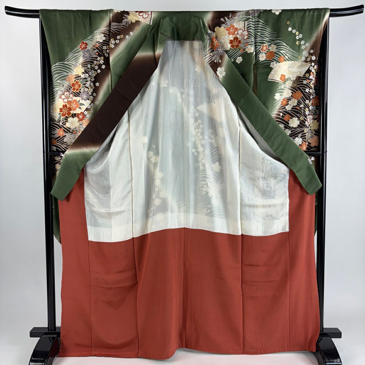 振袖禮服 身長167.5cm 袖長67.5cm L 雙層 扇子子 櫻花 金銀彩 染分 茶綠 純蠶絲 秀品級